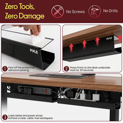 Pyle 2-Pack 17" No-Screw Under Desk Cable Management Tray – Easy To Install, Durable, And Perfect For Organizing Cables, Ideal For Home Offices And Workstations (Black)