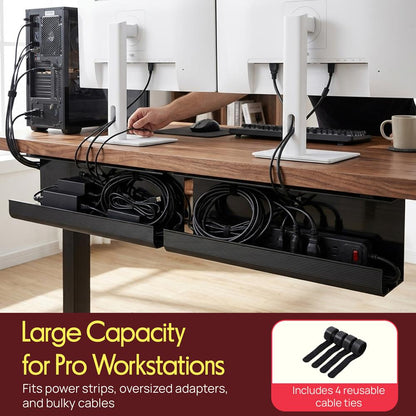 Pyle 2-Pack 17" No-Screw Under Desk Cable Management Tray – Easy To Install, Durable, And Perfect For Organizing Cables, Ideal For Home Offices And Workstations (Black)