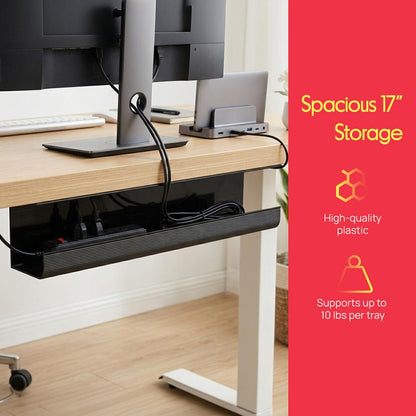 Pyle 2-Pack 17" No-Screw Under Desk Cable Management Tray – Easy To Install, Durable, And Perfect For Organizing Cables, Ideal For Home Offices And Workstations (Black)