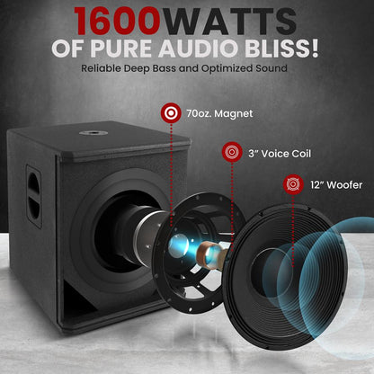 12" 1600W Subwoofer System, Louder Bass, DSP Processor, Wooden Enclosure