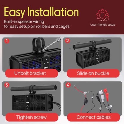 11” Powered Atv/Utv Soundbar System – Built-In Class D Stereo Power Amplifier With Wireless Bt Streaming And Led Lights