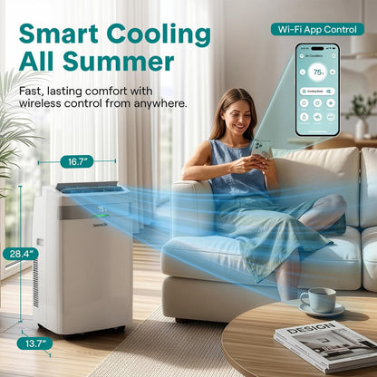 Serenelife Portable Air Conditioner With Wi-Fi Function - 12,000 Btu Cooling (Ashrae), Compact Unit With Dehumidifier & Fan Modes, Includes Window Mount Kit (White)