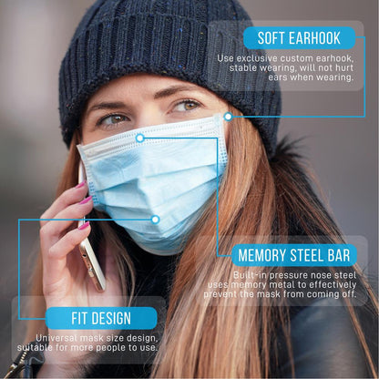 1000pcs 3-Ply Disposable Face Masks, Breathable Non-Woven, Blue