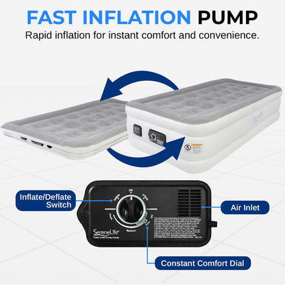Twin Air Mattress, ComfortCoil Tech, Built-in Pump, Gray, 18" Raised