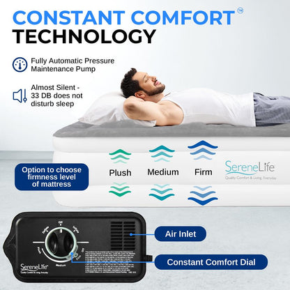 Twin Air Mattress, ComfortCoil Tech, Built-in Pump, Gray, 18" Raised