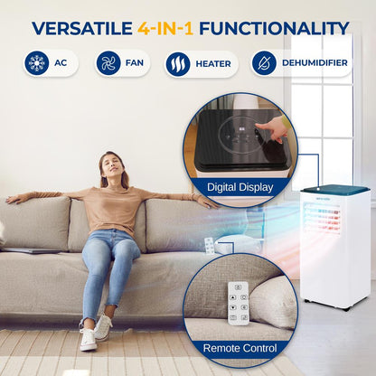 Single Duct Portable Air Conditioner And Heater - 8000 Btu Cooling Capacity (Ashrae) Compact Home A/C Cooling And Heating Unit With Built-In Dehumidifier & Fan Modes, Includes Window Mount Kit (White And Black)