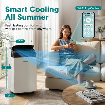 Serenelife Portable Air Conditioner With Wifi – 14,000 Btu Compact Home A/C Cooling Unit With Built-In Dehumidifier & Fan Modes, Includes Window Mount Kit (White)