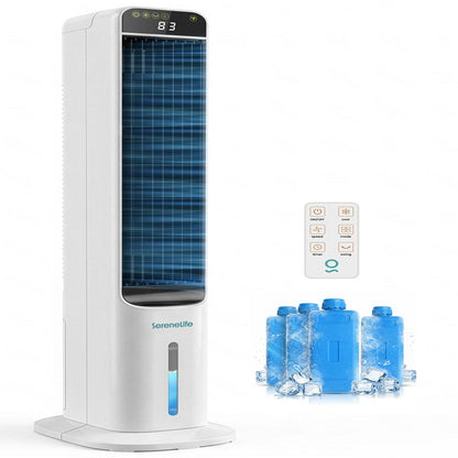 Serenelife Portable Evaporative Air Cooler Tower Fan With 5L Detachable Water Tank, 60° Adjustable Oscillation, 3 Fan Modes, 4 Ice Boxes, And Remote Control – Ideal For Home, Office, And School (White)