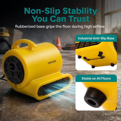 Serenelife Air Mover – High-Speed Blower Fan With 3 Speeds, Adjustable Angle, And Durable Design For Drying, Ventilation, And Air Circulation In Homes, Garages, And Worksites (Yellow)