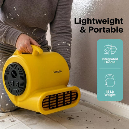 Serenelife Air Mover – High-Speed Blower Fan With 3 Speeds, Adjustable Angle, And Durable Design For Drying, Ventilation, And Air Circulation In Homes, Garages, And Worksites (Yellow)