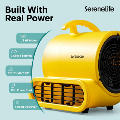 Serenelife Air Mover – High-Speed Blower Fan With 3 Speeds, Adjustable Angle, And Durable Design For Drying, Ventilation, And Air Circulation In Homes, Garages, And Worksites (Yellow)