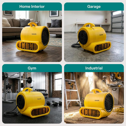 Serenelife Air Mover – High-Speed Blower Fan With 3 Speeds, Adjustable Angle, And Durable Design For Drying, Ventilation, And Air Circulation In Homes, Garages, And Worksites (Yellow)