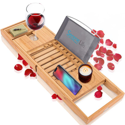 Bamboo Bathtub Caddy Tray - Relaxation Organizer, Adjustable, Natural Wood