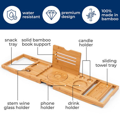 Bamboo Bathtub Caddy Adjustable Non-Slip Expandable 41.3" Natural