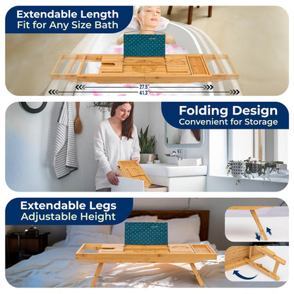 Bamboo Bathtub Caddy - Adjustable, Foldable, Waterproof, Dark Brown