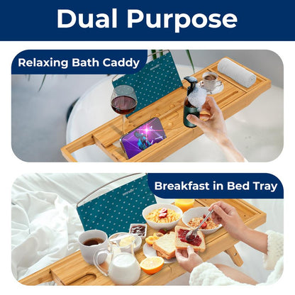 Bamboo Bathtub Caddy - Adjustable, Foldable, Waterproof, Dark Brown