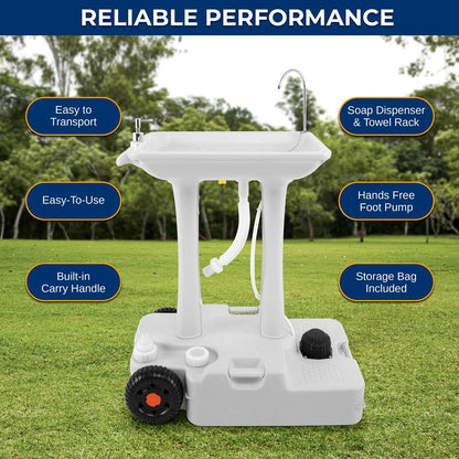Portable Camping Sink, Hands-Free Use, 30L Tank, Large Wheels