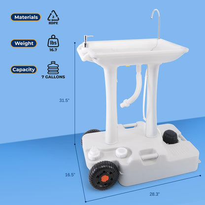 Portable Camping Sink, Hands-Free Use, 30L Tank, Large Wheels