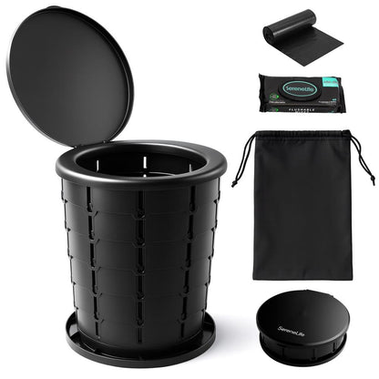 Portable Non-Slip Camping Toilet – Adjustable Height Foldable Travel Potty With Lid, Strap And Carry Bag For Car, Camping, Outdoor Use (Black)