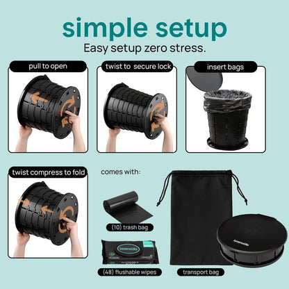 Portable Non-Slip Camping Toilet – Adjustable Height Foldable Travel Potty With Lid, Strap And Carry Bag For Car, Camping, Outdoor Use (Black)