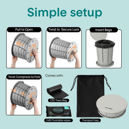 Portable Non-Slip Camping Toilet – Adjustable Height Foldable Travel Potty With Lid, Strap And Carry Bag For Car, Camping, Outdoor Use (Gray)