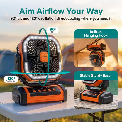 Serenelife Rechargeable Desk Camping Fan With 4 Speeds, 90°/120° Rotation, 10,000 Mah Battery – Ideal For Outdoor Use (Orange)