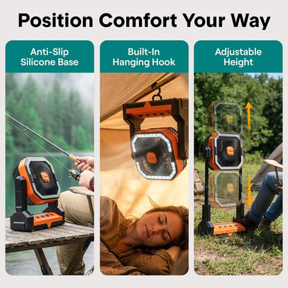 Serenelife Portable Camping Fan With 10,000Mah Battery, Adjustable Height, 4 Speeds, Led Light & Usb-C Rechargeable Design – Ideal For Outdoor Use (Orange)