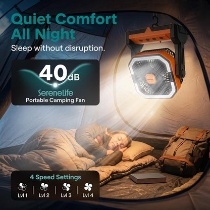Serenelife Portable Camping Fan With 10,000Mah Battery, Adjustable Height, 4 Speeds, Led Light & Usb-C Rechargeable Design – Ideal For Outdoor Use (Orange)
