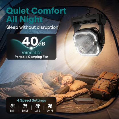 Serenelife Portable Camping Fan With  20,000Mah Battery, Adjustable Height, 4 Speeds, Led Light & Usb-C Rechargeable Design – Ideal For Outdoor Use (Black)