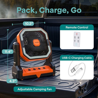 Serenelife Portable Camping Fan With 20,000Mah Battery, Adjustable Height, 4 Speeds, Led Light & Usb-C Rechargeable Design – Ideal For Outdoor Use (Orange)
