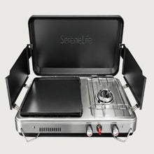 Serenelife Propane Stove With Griddle - Black Ceramic Aluminum Griddle And Cooking Burner-In-One With Piezo Ignition, Powder-Coated Lid, Windshield, And Case For Outdoor Cooking And Backyard Use, SLCMPGRDL2IN1