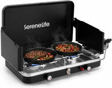 Serenelife Double Burner Stove With Electroplated Metal Pot Support, Piezo Ignition, And Powder-Coated Lid, Windshield, And Case For Outdoor Cooking And Backyard Use, Includes Regulator And Gas Tube SLCMPSTV