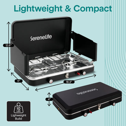 Serenelife Double Burner Stove With Electroplated Metal Pot Support, Piezo Ignition, And Powder-Coated Lid, Windshield, And Case For Outdoor Cooking And Backyard Use, Includes Regulator And Gas Tube (Black)