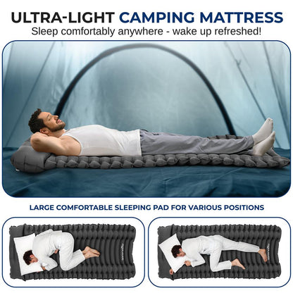 Sleeping Pad with Pillow - Fast Inflation, Tear-Resistant, Gray