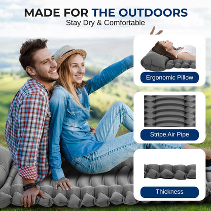 Sleeping Pad with Pillow - Fast Inflation, Tear-Resistant, Gray