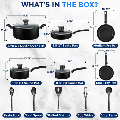 15-Piece Non-Stick Cookware Set, Even Heat, Black Coating