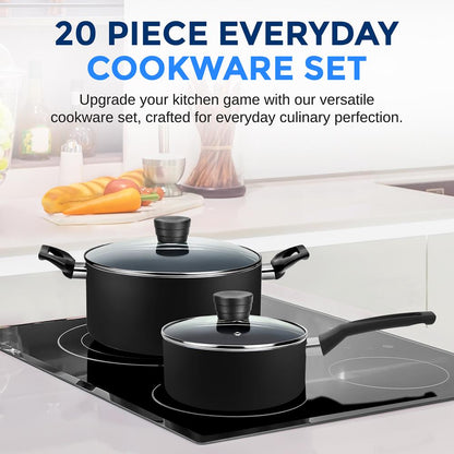 20-Piece Non-Stick Cookware Set, Even Heat, Black Coating