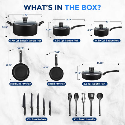 20-Piece Non-Stick Cookware Set, Even Heat, Black Coating