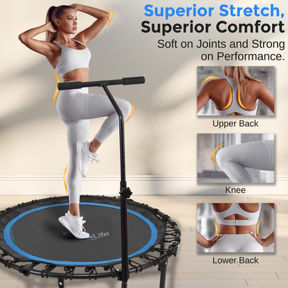 Foldable Mini Trampoline, Aerobic Fitness, Adjustable Handrail, 264 lbs Capacity