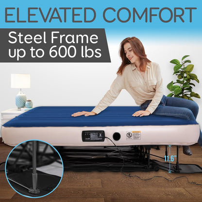 King Air Mattress with Frame, Self-Inflating Pump, Plush Flocking
