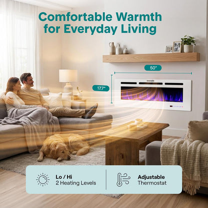 Serenelife Built-In Wall-Mounted Fireplace Heater With Decorative Led Flame, Smart Wi-Fi (Tuya App), Push-Button Panel, And Remote Control (White)