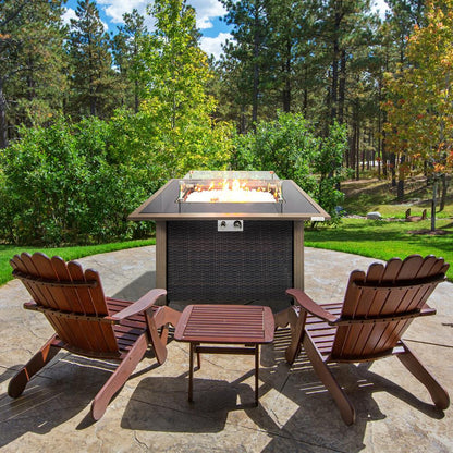 Outdoor Propane Fire Pit Table 50,000 BTU Auto-Ignition Glass Wind Guard, Rattan Brown