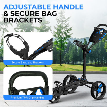 3-Wheel Golf Push Cart, Easy Fold, Aluminum Frame, Smooth Roll