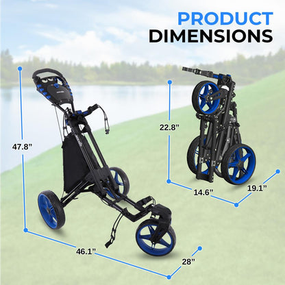 3-Wheel Golf Push Cart - Lightweight Aluminum, Easy Fold, Cooler Storage