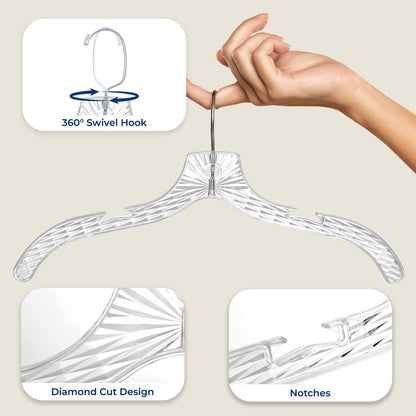 24-Pack Transparent Non-Slip Hangers, Space-Saving, Swivel Hook