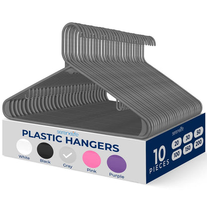 10 Pack Plastic Hangers, Space-Saving, Non-Slip, 360° Swivel Hook, Gray