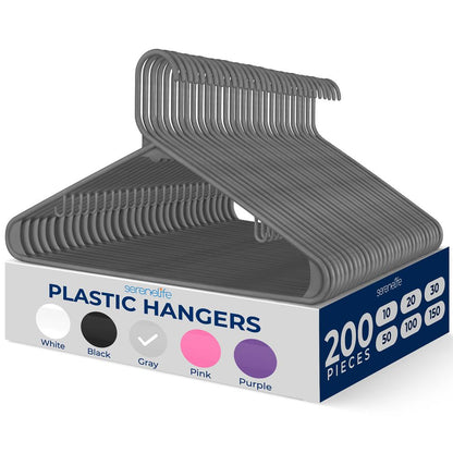 200-Pack Non-Slip Space-Saving Plastic Hangers, Sturdy, Gray