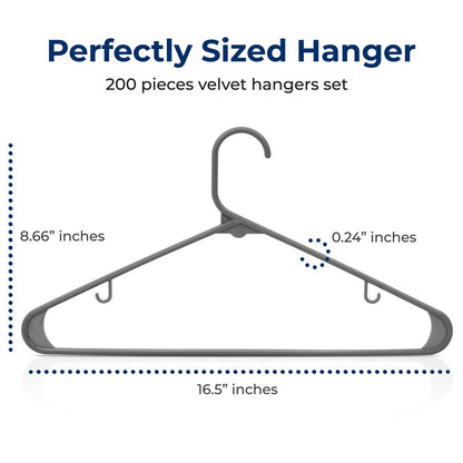 200-Pack Non-Slip Space-Saving Plastic Hangers, Sturdy, Gray