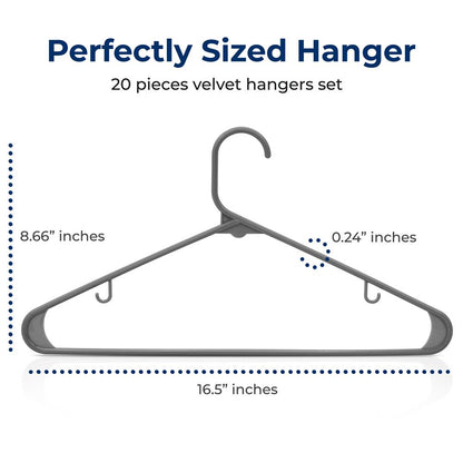 20 Pack Plastic Hangers, Space-Saving, Non-Slip, 360° Swivel Hook, Gray