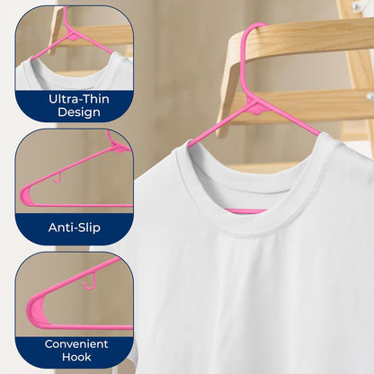 30-Pack Non-Slip Plastic Hangers, Space-Saving, 360° Swivel Hook, Pink